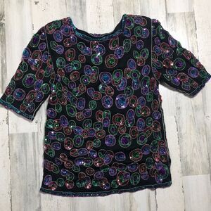 Vintage Beaded Sequin Blouse Top Mod Circle Design